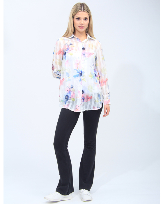 Sheer Floral and Butterfly Print Button-Front Lace Back Shirt by Adore