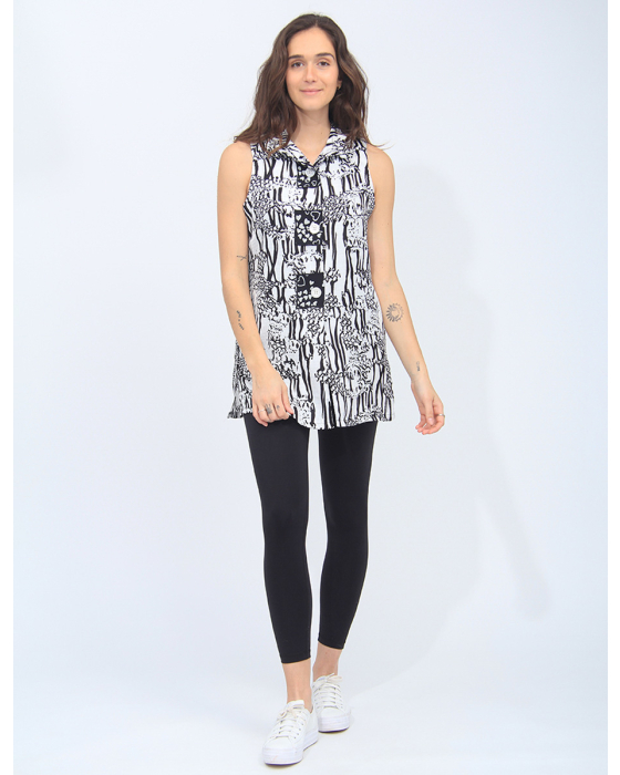 Black and White Abstract Print Ruffle Neck Sleeveless Button Blouse by Adore