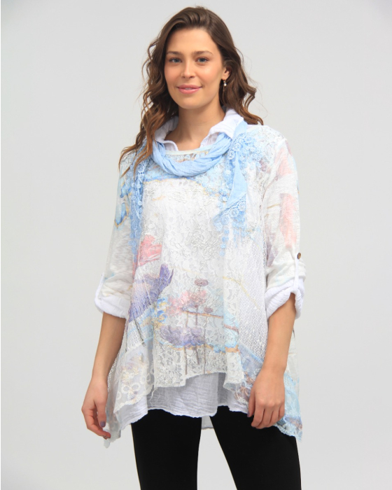 Three-Quarter Sleeve Floral Print Shirt with Scarf by Froccella