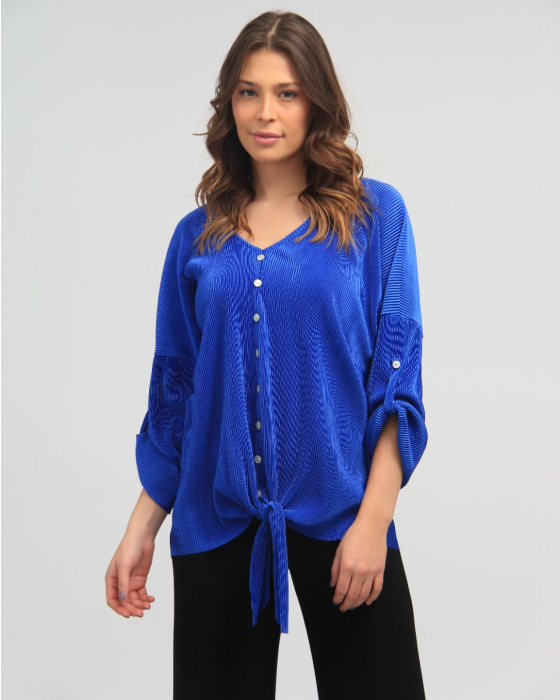 Pleated V Neck Button-Down Blouse with Front Tie by Froccella