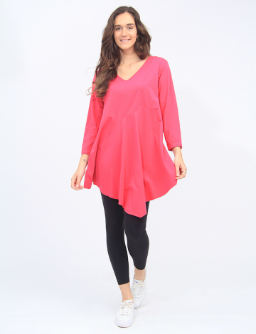 Solid V-neck Cotton Top With Asymmetrical Hem And 3/4 Sleeves By Froccella