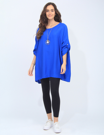 Solid, Flowy Italian Blouse With Adjustable Sleeves And Necklace By Froccella