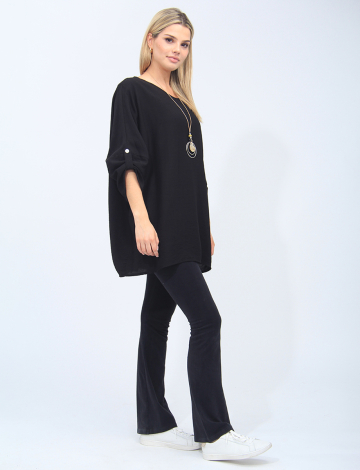 Solid, Flowy Italian Blouse With Adjustable Sleeves And Necklace By Froccella