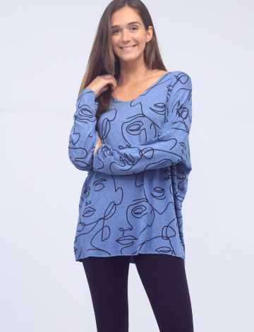 Face Print Long Sleeve Loose Fit V-Neck Top by Froccella