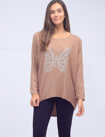 Long sleeve Loose Fit Rhinestone Butterfly Top by Froccella