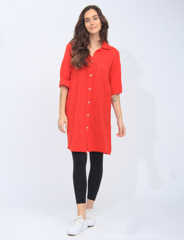 Solid Cotton Button-down Long Shirt With Chest Pocket By Froccella