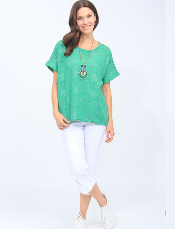 Embroidered Floral Cotton Perforated Shoulder Tunic With Necklace By Froccella