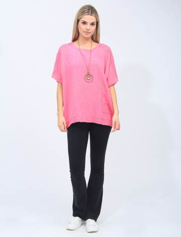 Loose Fit Cotton Blouse With Perforated Details and Necklace By Froccella (032-023 2425310 ONE SIZE FUSHIA)