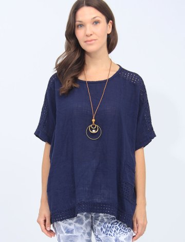 Loose Fit Cotton Blouse With Perforated Details and Necklace By Froccella (032-023 2425210 ONE SIZE NAVY)