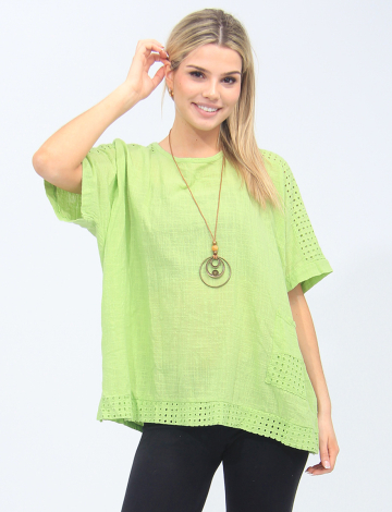 Loose Fit Cotton Blouse With Perforated Details and Necklace By Froccella (032-023 2425010 ONE SIZE GREEN)