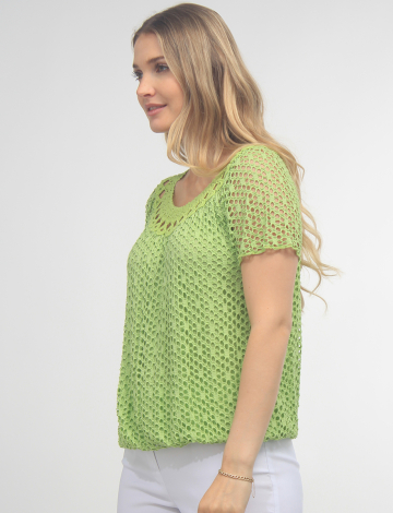 Crochet Knit Short Sleeve Round Neck Top by Froccella (032-925024 2379210 ONE SIZE POMME)