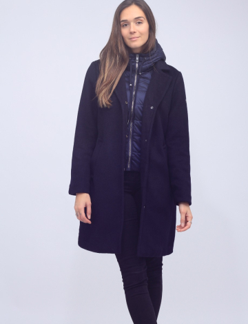 Wool Blend Straight Cut Coat with Removable Hooded Puffer Zip-up Bib by Normann