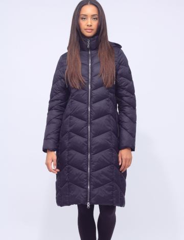 Long Two-Way Zip-Up Chevron Quilted Puffer Coat with Detachable Hood by Normann