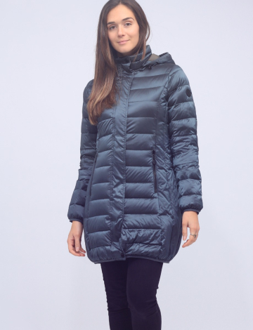 Long Metallic Mid-weight Down Puffer Coat with Detachable Hood by Normann
