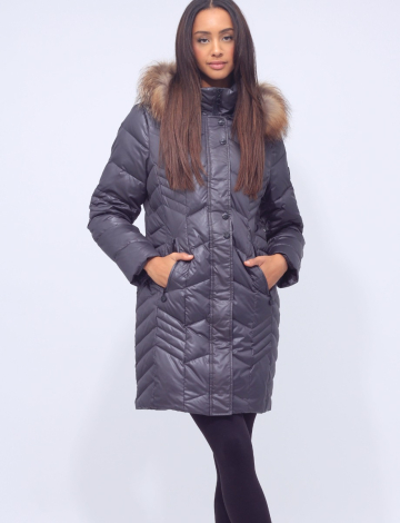 Long Down Dual Chevron Quilted Puffer with Genuine Fur Trim Hood by Normann