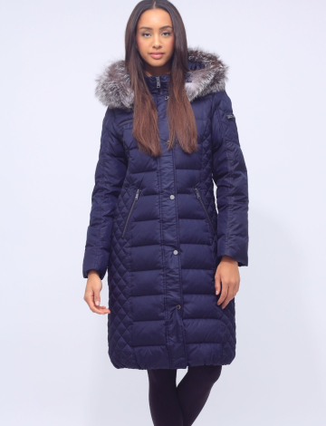 Long Down Filled Dual Quilted Coat with Genuine Fur Trim Hood by Normann