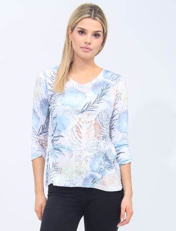Ruched 3/4 Sleeves Top With Abstract Leaves And Circular Patterns By Moffi