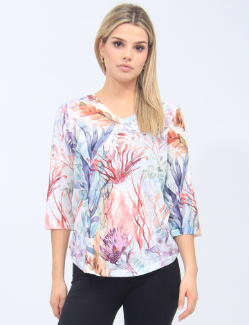 Abstract Leaves Pattern Top With 3/4 Sleeves By Moffi