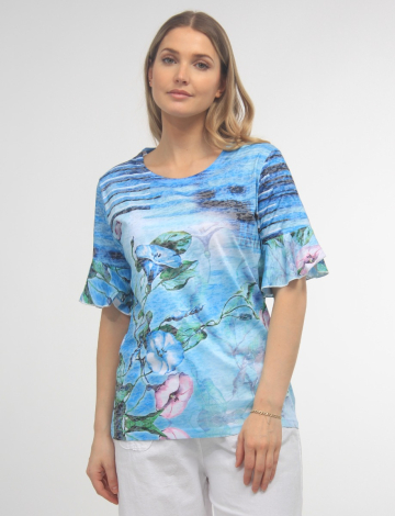 Floral Print Top With Short Bell Sleeves by Moffi