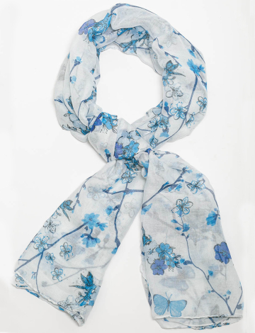Classic Blue Floral Patterned Versatile Sheer Oblong Scarf Shawl Wrap