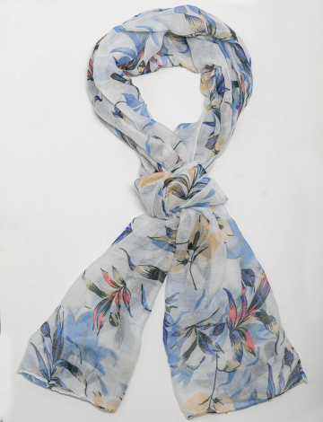Elegant Blue Floral Patterned Versatile Sheer Oblong Scarf Shawl Wrap