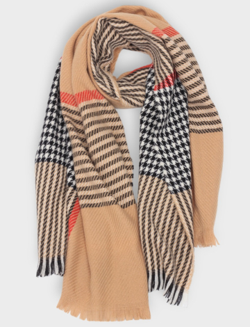 Sleek, warm woven scarf with a blend of solid and check patterns by Saki