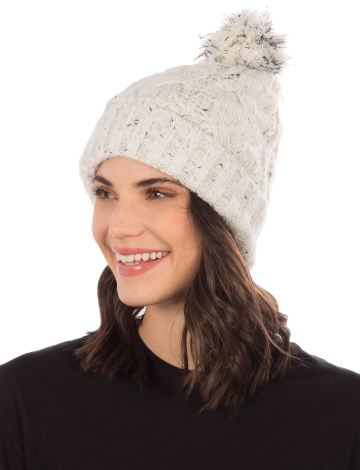 Slouchy Speckled cable knit beanie with a matching pompom by Saki