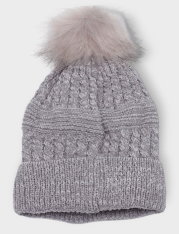 Solid Chunky Cable Knit Faux Fur Pom-pom and Fleece Lined Beanie by Saki