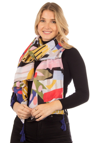 Abstract print scarf with tassles by Saki
