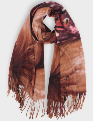 Oblong Fringed Printed Floral Pattern Scarf by Saki