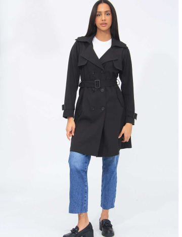 Vegan Long Double-Breasted Stretch Trench Coat by Point Zero (274-8268506 2292750 LARGE BLACK)