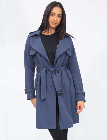 Vegan Long Double-Breasted Stretch Trench Coat by Point Zero (274-8268506 2292840 MEDIUM NAVY)