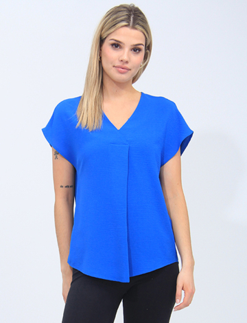 V-Neck Pleat Front Flowy Cap Sleeve Solid Blouse by Vamp (428-9011 2340430 SMALL ROYAL)