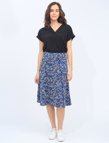 Stretch Mid-length Trapeze Skirt With Embossed Floral Pattern By Vamp (428-6819C 2341530 SMALL NAVY)