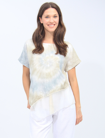 Tie-dye Short Sleeves Asymmetrical Mesh Hem Loose Fit Top By Goa (527-K660T 2371830 SMALL TAUPE)