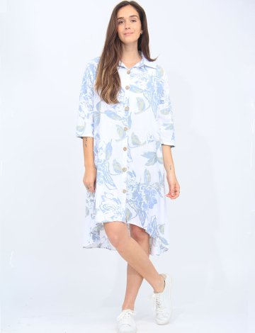 Versatile Floral Print Shirt Dress with High Low Hemline by Global Fashions (527-K580DR 2372330 SMALL WHITE)