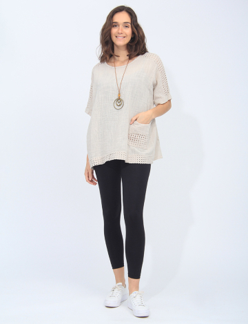 Loose Fit Cotton Blouse With Perforated Details and Necklace By Froccella (032-023 2425110 ONE SIZE BEIGE)