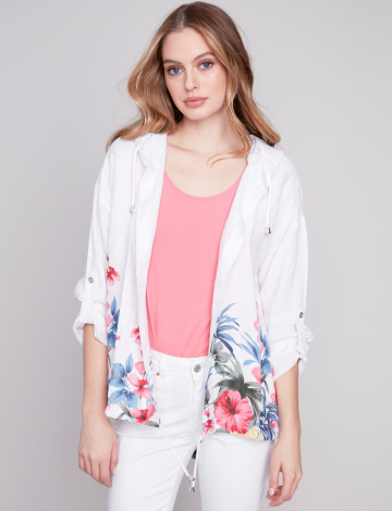 Printed Linen Hooded Duster Jacket with Drawstrings by Charlie B (859-C6166XP032B 2443020 X-SMALL WHITE)