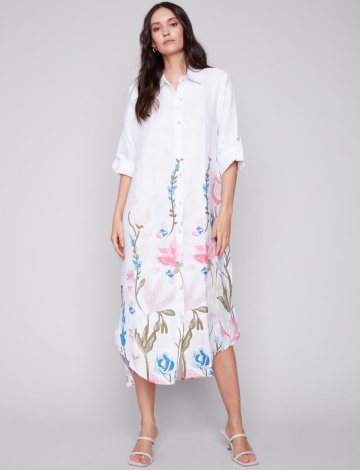 Chic Linen Floral Pastel Print Long Button-down Shirt Dress By Charlie B (859-C3106PP032B 2443120 X-SMALL BLUE)