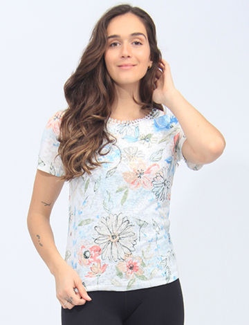 Lace-Trimmed Neckline Short Sleeve Printed Top By Beta's Choice