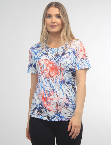 Printed Short Sleeve Top With Rhinestones by Beta's Choice