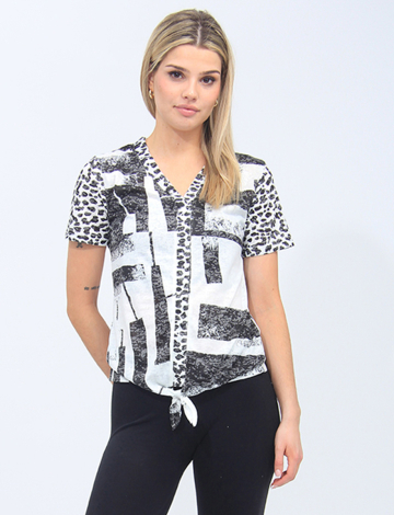 Black and White Short Sleeves Printed Front Tie Top By Beta's Choice (249-220070 2372530 SMALL BLACK)