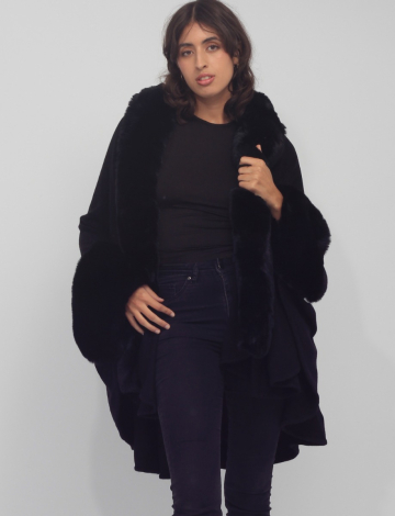 Black Knit Cape with Luxurious Faux Fur Trim by Beta's Choice