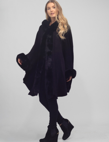 Hooded Long Cape with Faux Fur Trim by Beta's Choice