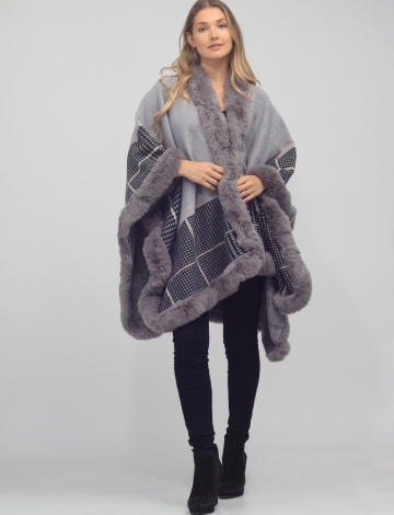 Faux Fur Trimmed Knit Cape in Grey Solid/Check Pattern by Beta's Choice