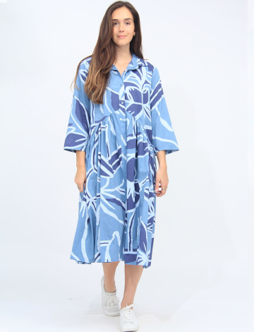 Button-Down Pleated Printed Long Shirt Dress By Froccella (481-21153 2492810 ONE SIZE DENIM)