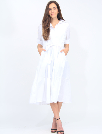 Belted Maxi Stretch Shirt Dress with Adjustable Sleeves by Froccella (481-19234 2493010 ONE SIZE WHITE)