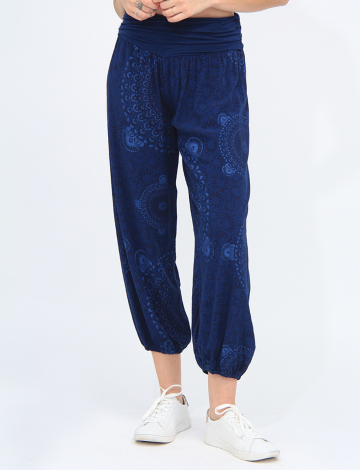 Flowy Ruched Waist Band And Elastic Hem Mandela Print Balloon Pants By Froccella (047-P7230 2496210 ONE SIZE NAVY)