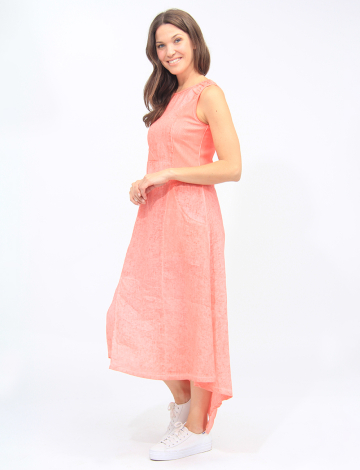Sleeveless Linen And Knit Trim High-low Maxi Dress by Carré Noir (367-6923 2504730 SMALL CORAIL)