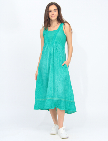 Long Linen Square Neck Dress with Crossover V and Cotton Knit Trim By Carré Noir (367-6807 2505330 SMALL GREEN)